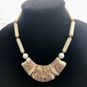 Ceramic chunky necklace made in Japan ivory and gold color